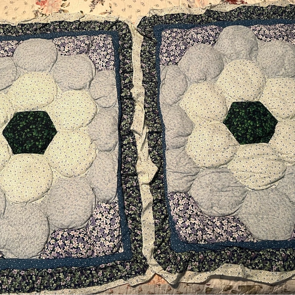 Quilted Pillow Shams set of 2 with Ruffles Navy Blue Light Blue White